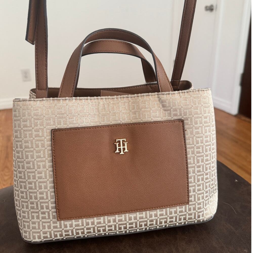 Tommy Hilfiger Beige & Brown Monogram Crossbody Tote Bag NWT